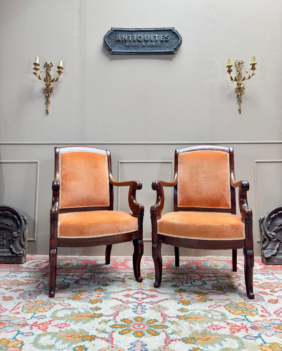 Pair Of Solid Mahogany Armchairs From The 19th Century Restoration Period -photo-4