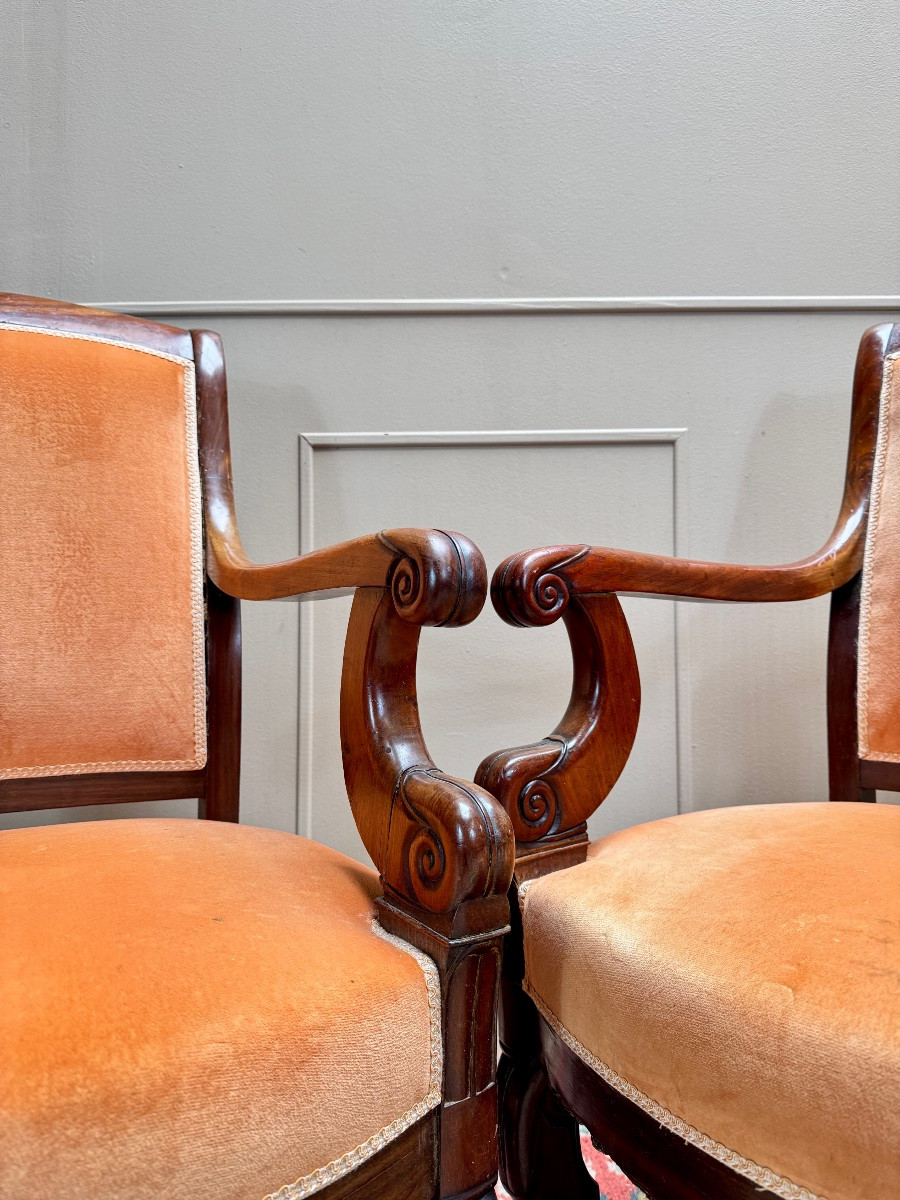 Pair Of Solid Mahogany Armchairs From The 19th Century Restoration Period -photo-1