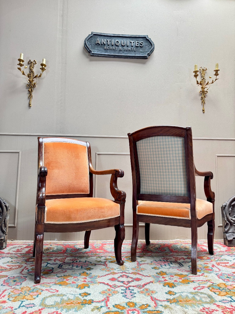 Pair Of Solid Mahogany Armchairs From The 19th Century Restoration Period -photo-2