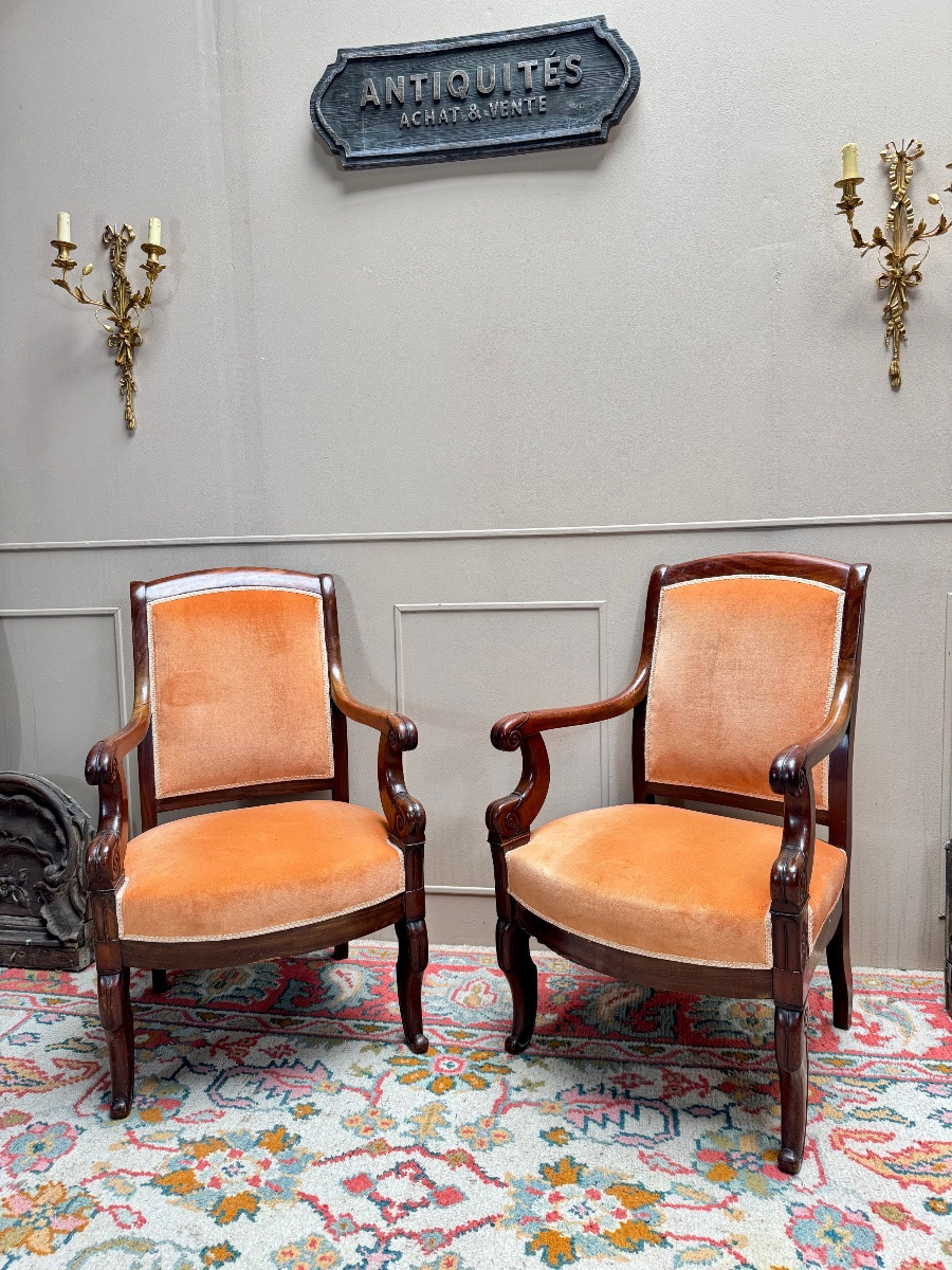 Pair Of Solid Mahogany Armchairs From The 19th Century Restoration Period -photo-3