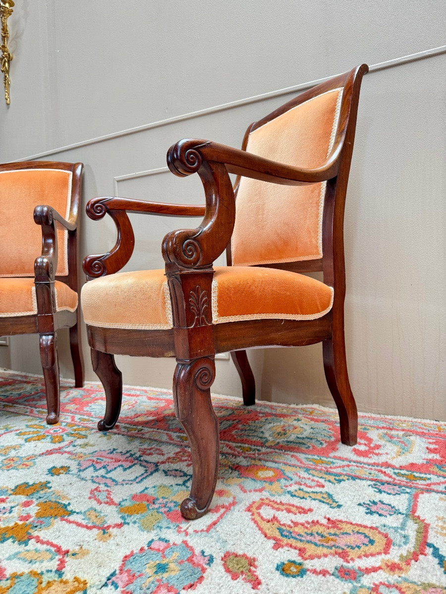 Pair Of Solid Mahogany Armchairs From The 19th Century Restoration Period -photo-4