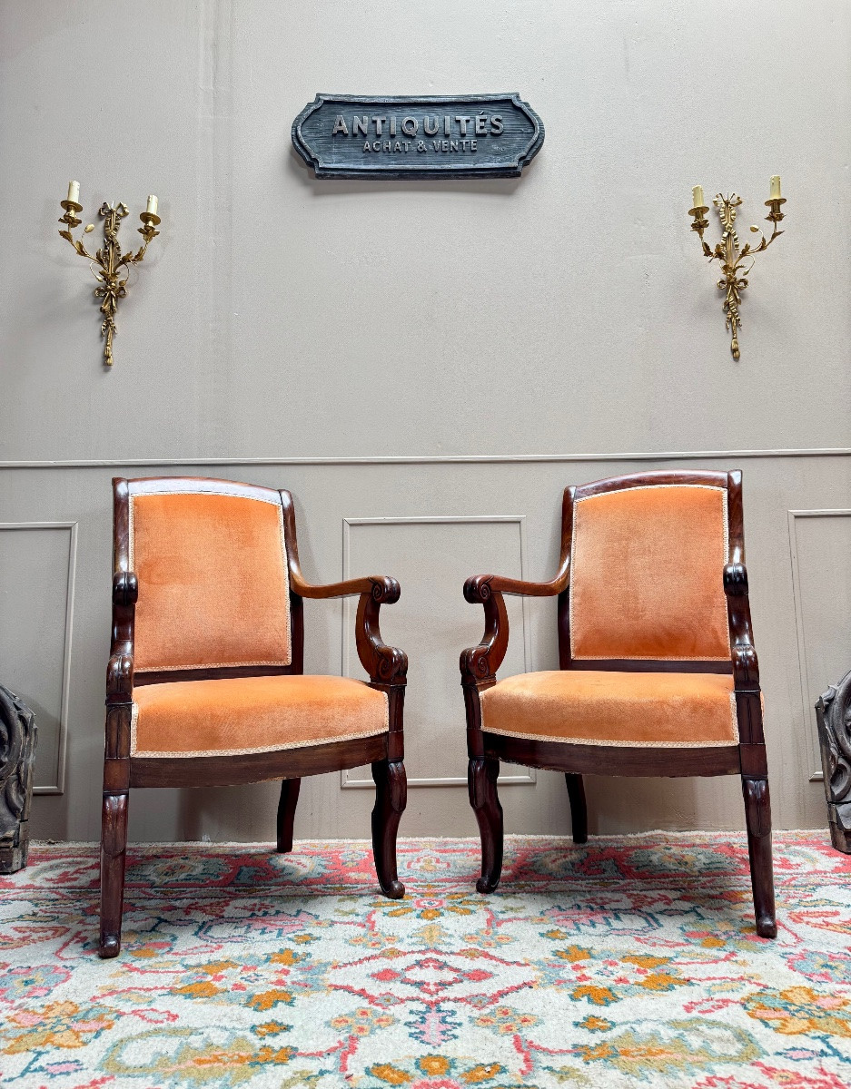 Pair Of Solid Mahogany Armchairs From The 19th Century Restoration Period -photo-5