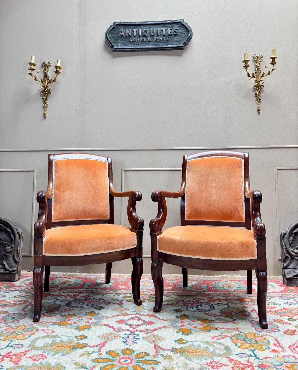 Pair Of Solid Mahogany Armchairs From The 19th Century Restoration Period 