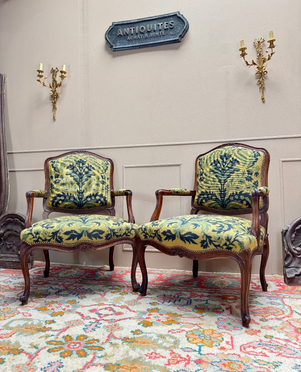 Pair Of Louis XV Style Walnut Armchairs, 19th Century -photo-3