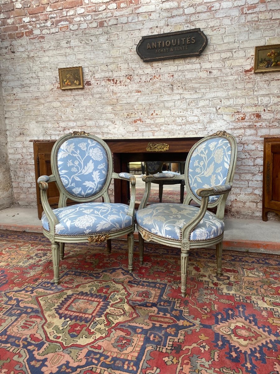 Pair Of Medallion Armchairs In Lacquered Wood Louis XVI Style XIX Eme Century-photo-3