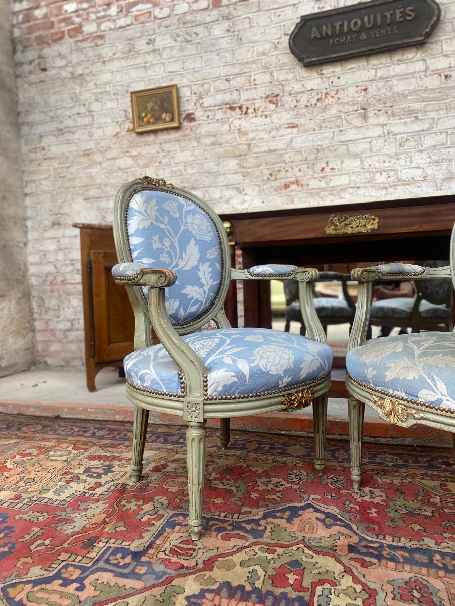 Pair Of Medallion Armchairs In Lacquered Wood Louis XVI Style XIX Eme Century-photo-3
