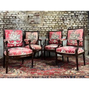 Suite Of Four Queen's Armchairs In Louis XVI Style Mahogany XIX Eme Century