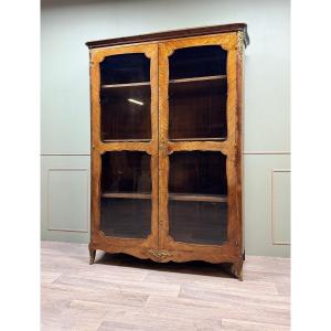 Louis XV Style Marquetry Glass Bookcase XIX Eme Century 