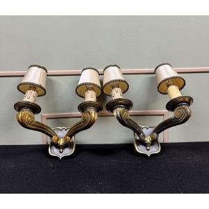 Jules Leleu Pair Of Bronze Sconces With Stamped Double Patina