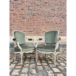 Paire De Fauteuils En Bois Laqué De Style Louis XV XIX Eme Siècle 