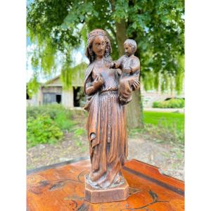 Sculpture En Bois Naturel, Vierge à L’enfant XVIII Eme Siècle 