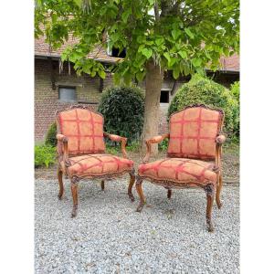 Pair Of Large And Wide Armchairs In Walnut Work Lyonnais Louis XV Style 