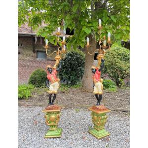 Pair Of Nubian Torchiere Doors In Venetian Style Painted Wood 