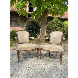 Pair Of Louis XV Style Natural Wood Armchairs XIX Eme Century 