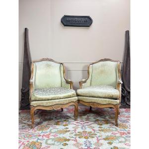 Pierrefeu In Lyon Pair Of Louis XV Style Natural Wood Wingback Bergeres 