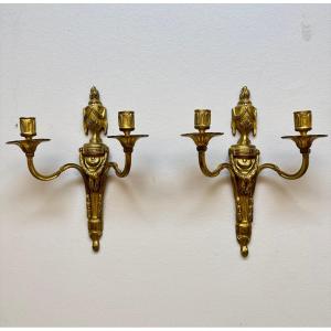 Pair Of Louis XVI Period Gilt And Chiseled Bronze Sconces, 18th Century 