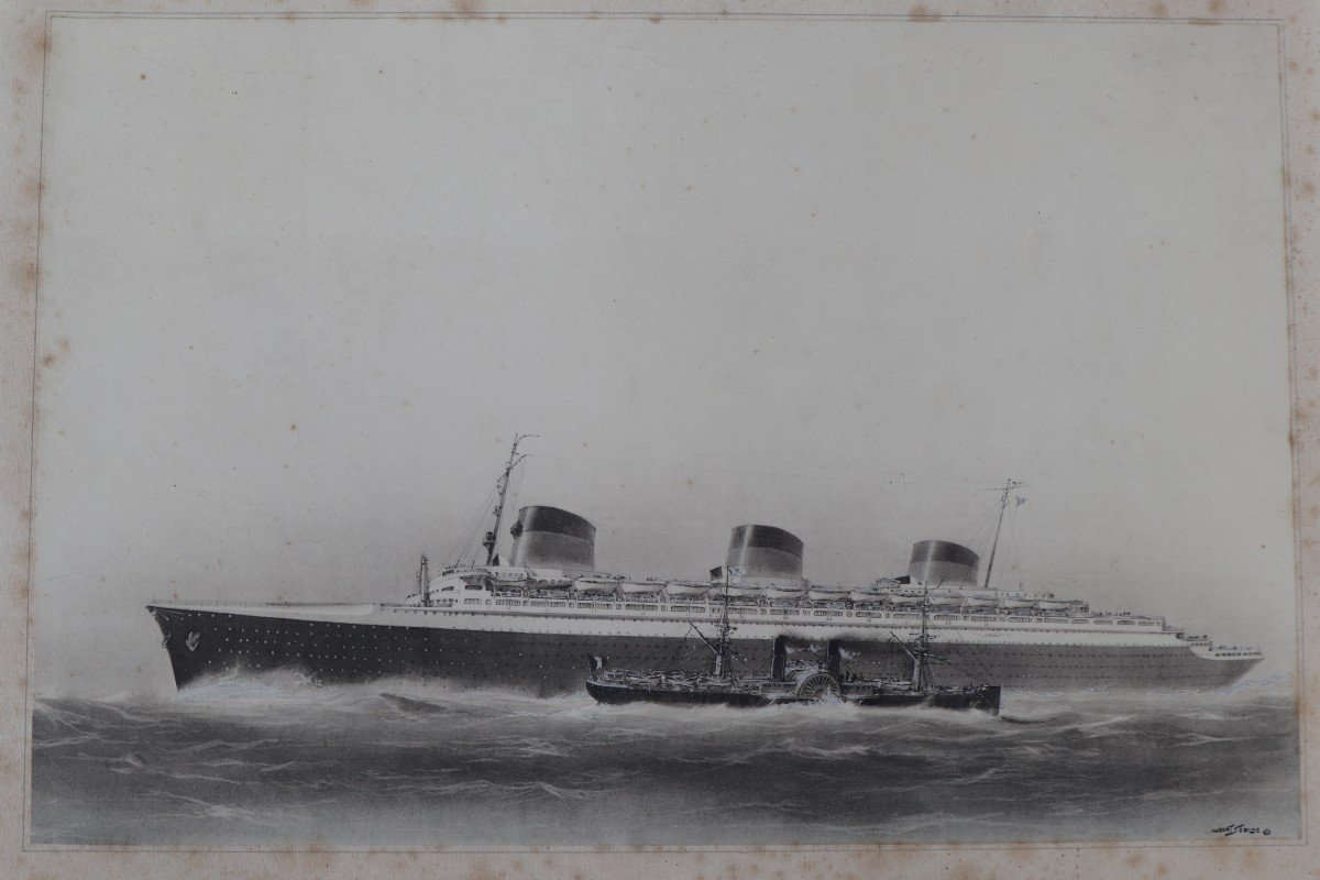 Albert Sebille - Original Drawing - Le Normandie - Steamboat Circa 1930