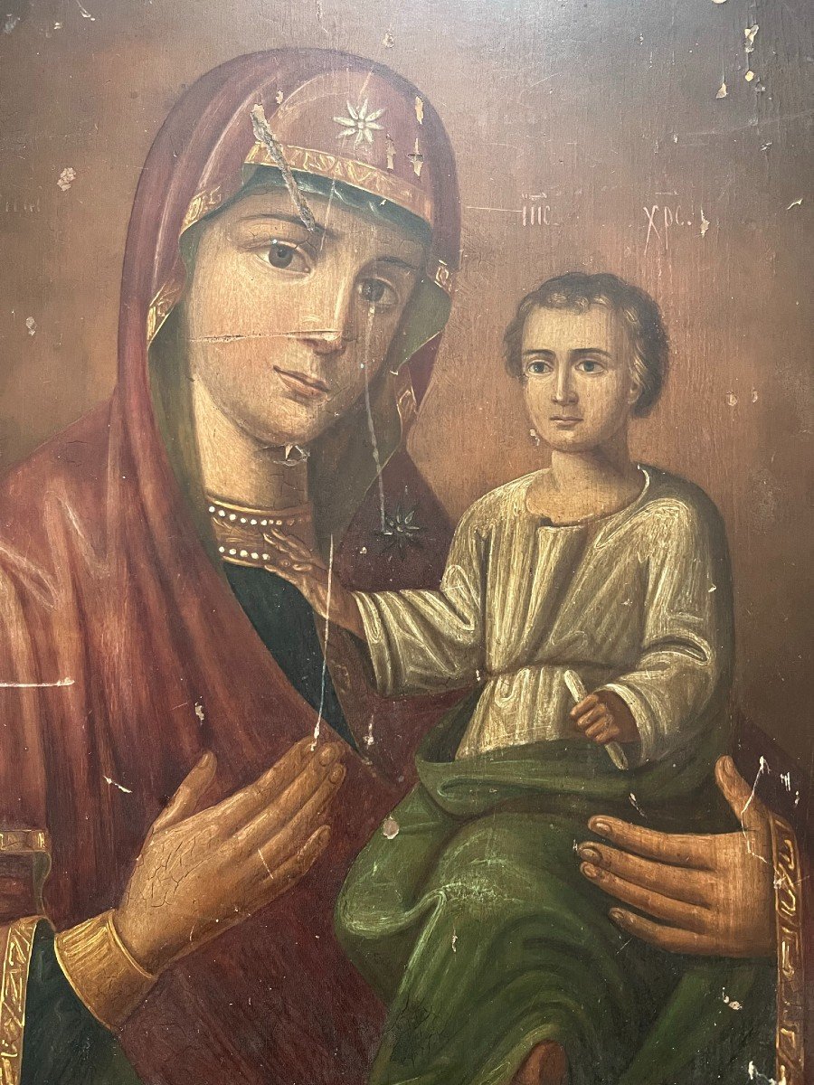 19th Century Greek Icon In Painted Wood - Virgin And Child-photo-4