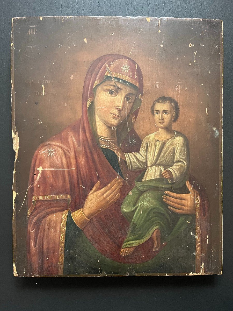 19th Century Greek Icon In Painted Wood - Virgin And Child