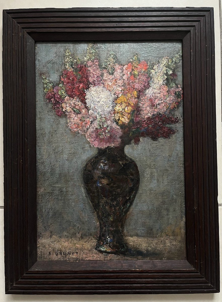 Emile Brunet - Huile Sur Toile Cartonnée - Bouquet De Fleurs -photo-2