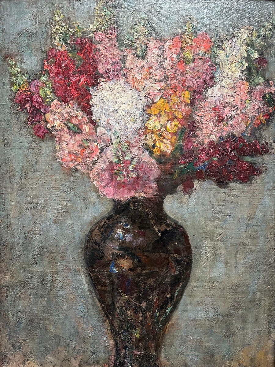 Emile Brunet - Huile Sur Toile Cartonnée - Bouquet De Fleurs -photo-2