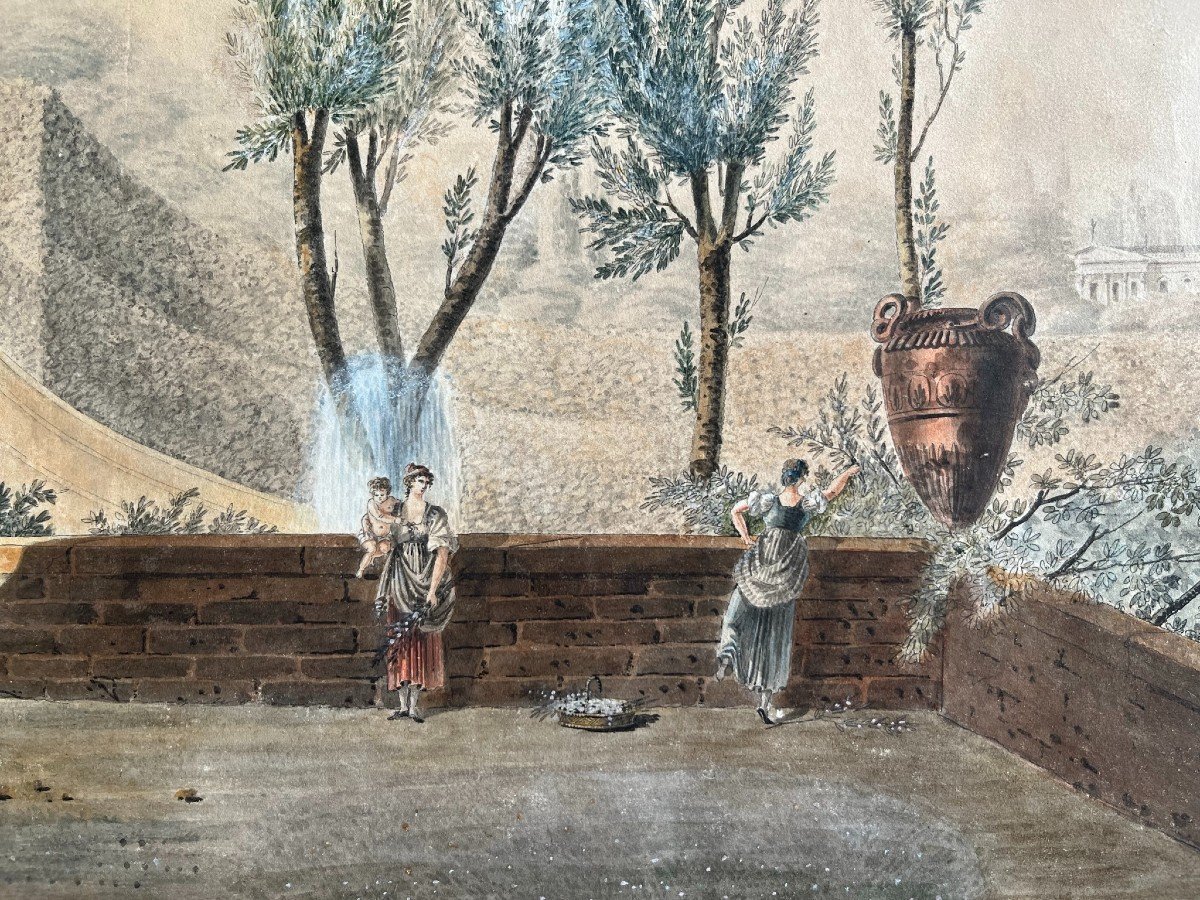 Grand Dessin Aquarelle Vers 1800 - Jardins De Tivoli - Epoque Empire-photo-2