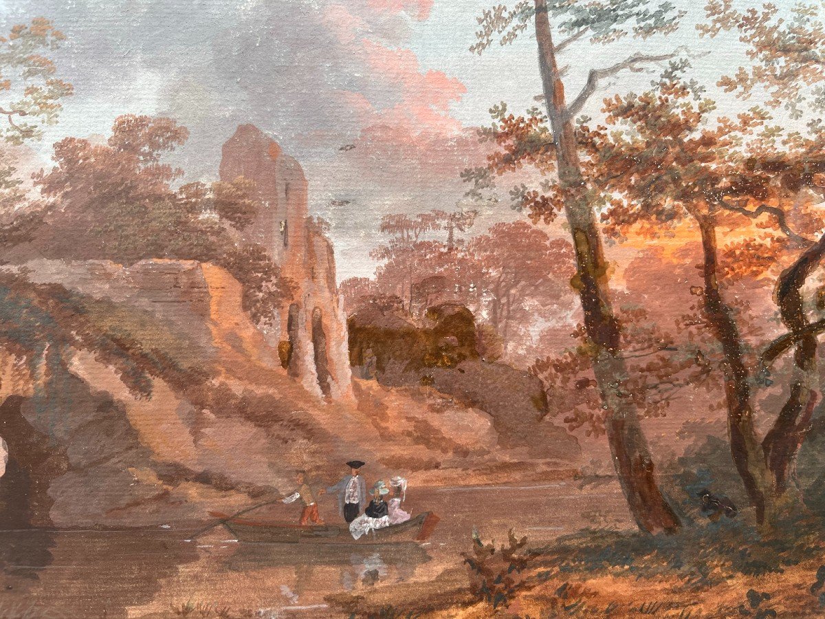 Dessin Gouache Et Aquarelle XVIIIème - Paysage Fluviale - Ecole Française -photo-4