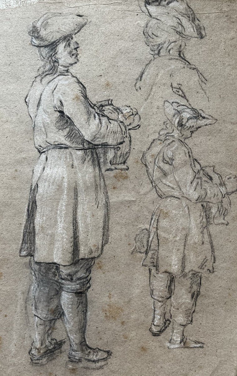 Attributed To Etienne Jeaurat - Three Studies Of A Man With Tricorne - Black Pencil And Chalk Highlights-photo-2