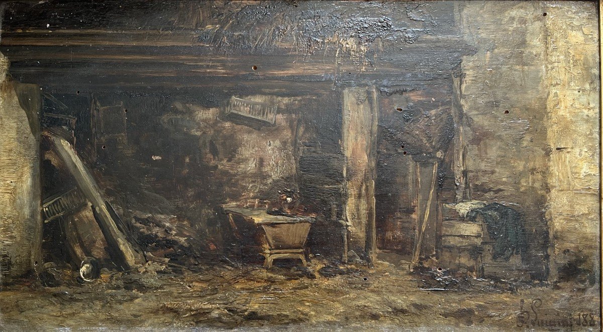 Huile Sur Panneau XIXème - Intérieur d'Une Grange - Signée Luigini - 1880-photo-2