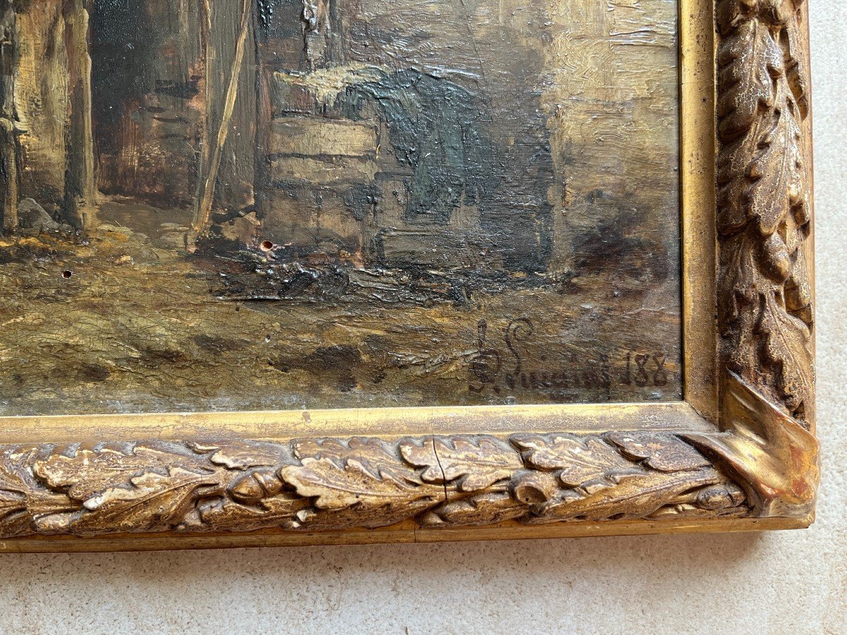 Oil On Panel XIXth - Interior Of A Barn - Signed Luigini - 1880-photo-3