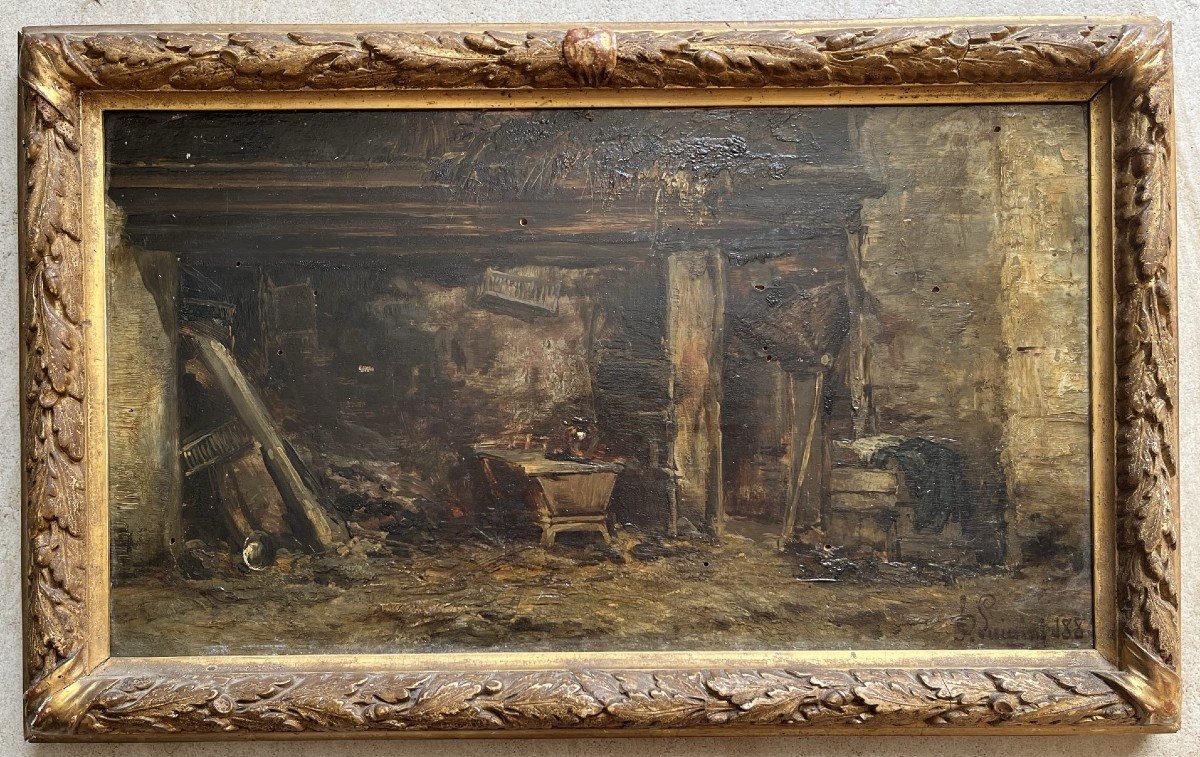 Huile Sur Panneau XIXème - Intérieur d'Une Grange - Signée Luigini - 1880