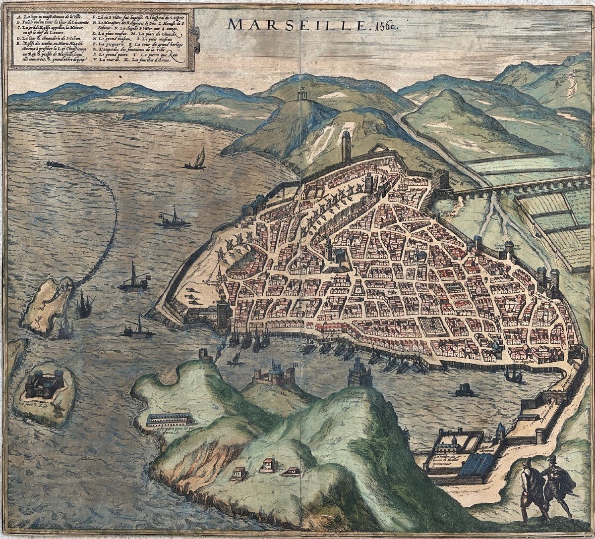 Rare - Map Of Marseille - Proof From 1560 - Watercolored - 16th Century-photo-2