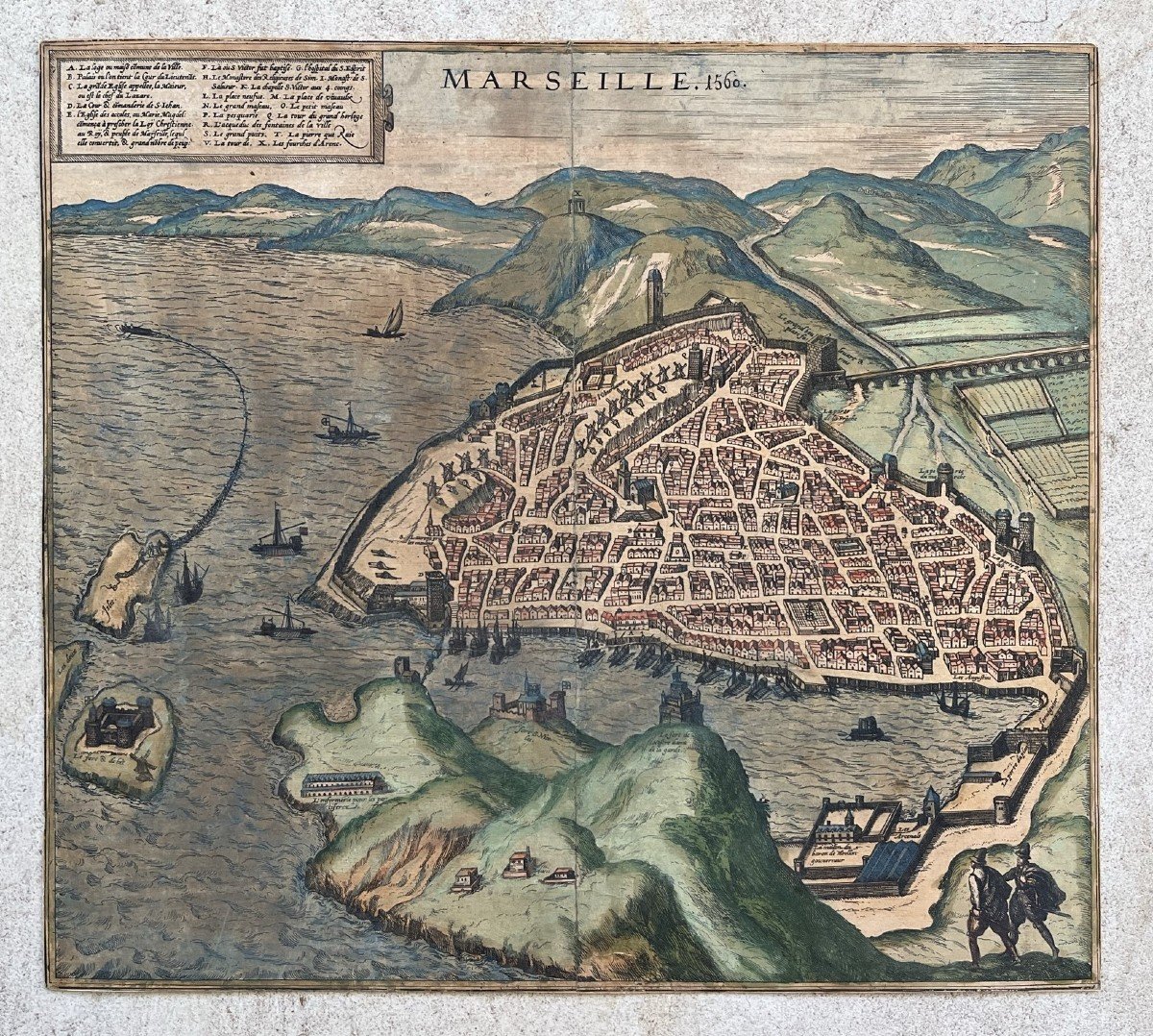 Rare - Map Of Marseille - Proof From 1560 - Watercolored - 16th Century