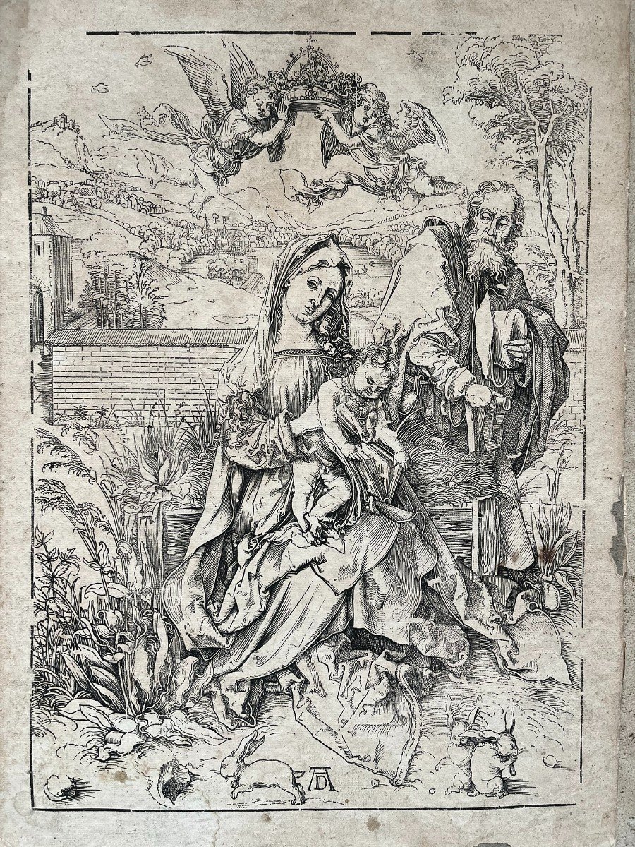 Original Wood Engraved By Albrecht Dürer - The Holy Family With Three Hares - 18th Century Print-photo-2