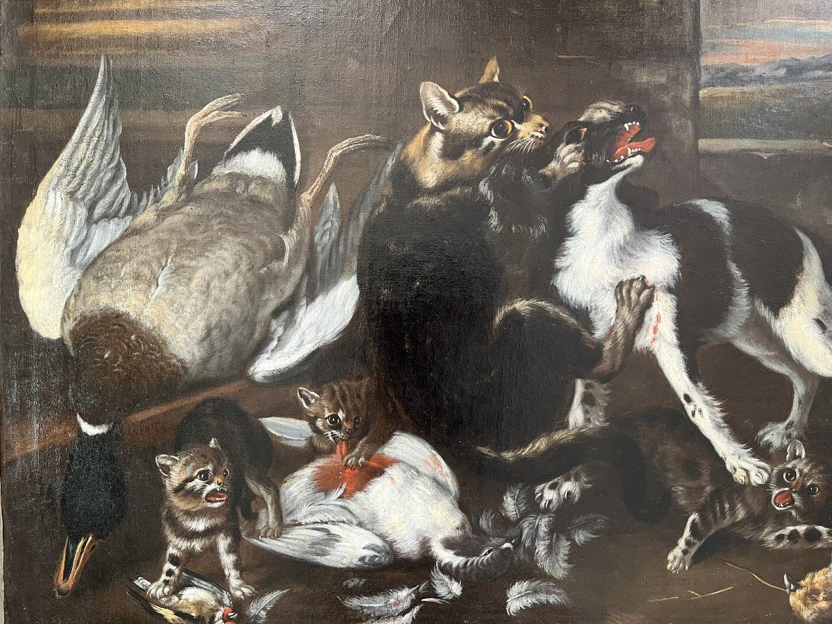 Oil On Canvas 18th Century - Flemish School - Cats And Dogs Fighting-photo-3