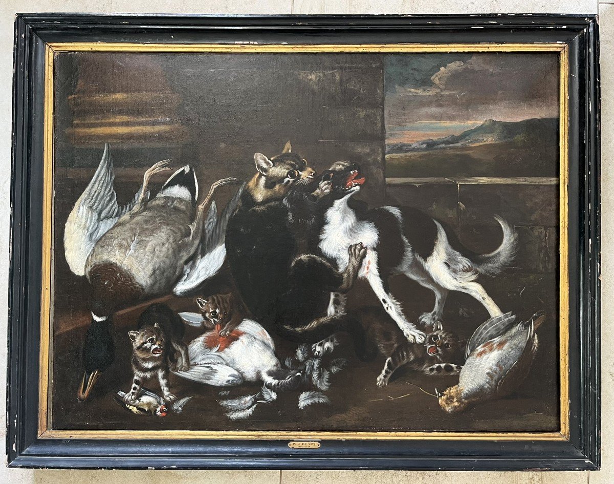 Oil On Canvas 18th Century - Flemish School - Cats And Dogs Fighting