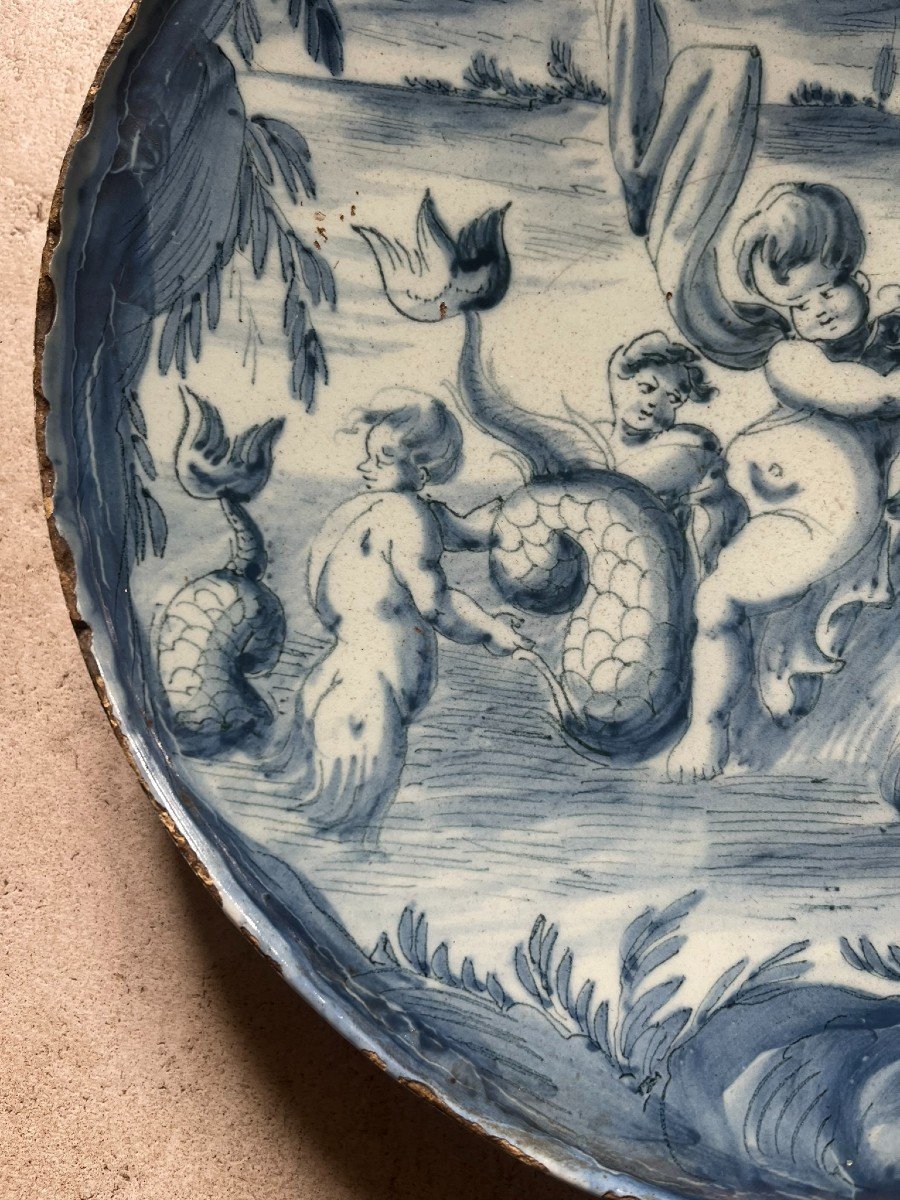 17th Century Savona Earthenware - Dish With Mythological Decor - Putti Riding Seahorse -photo-3