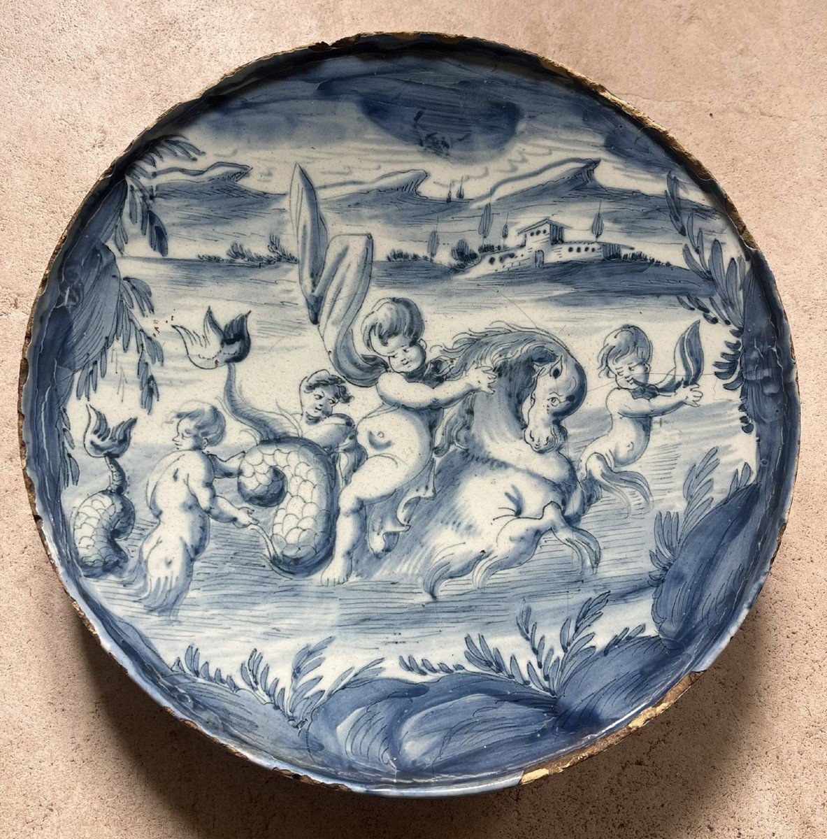 17th Century Savona Earthenware - Dish With Mythological Decor - Putti Riding Seahorse 