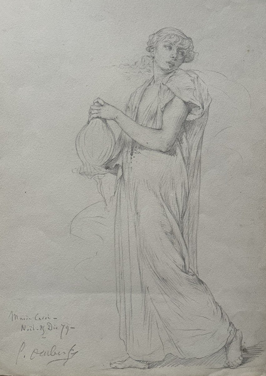 Guillaume Dubufe - Pencil Drawing - Woman With A Jug - Signed And Dated 1879-photo-2