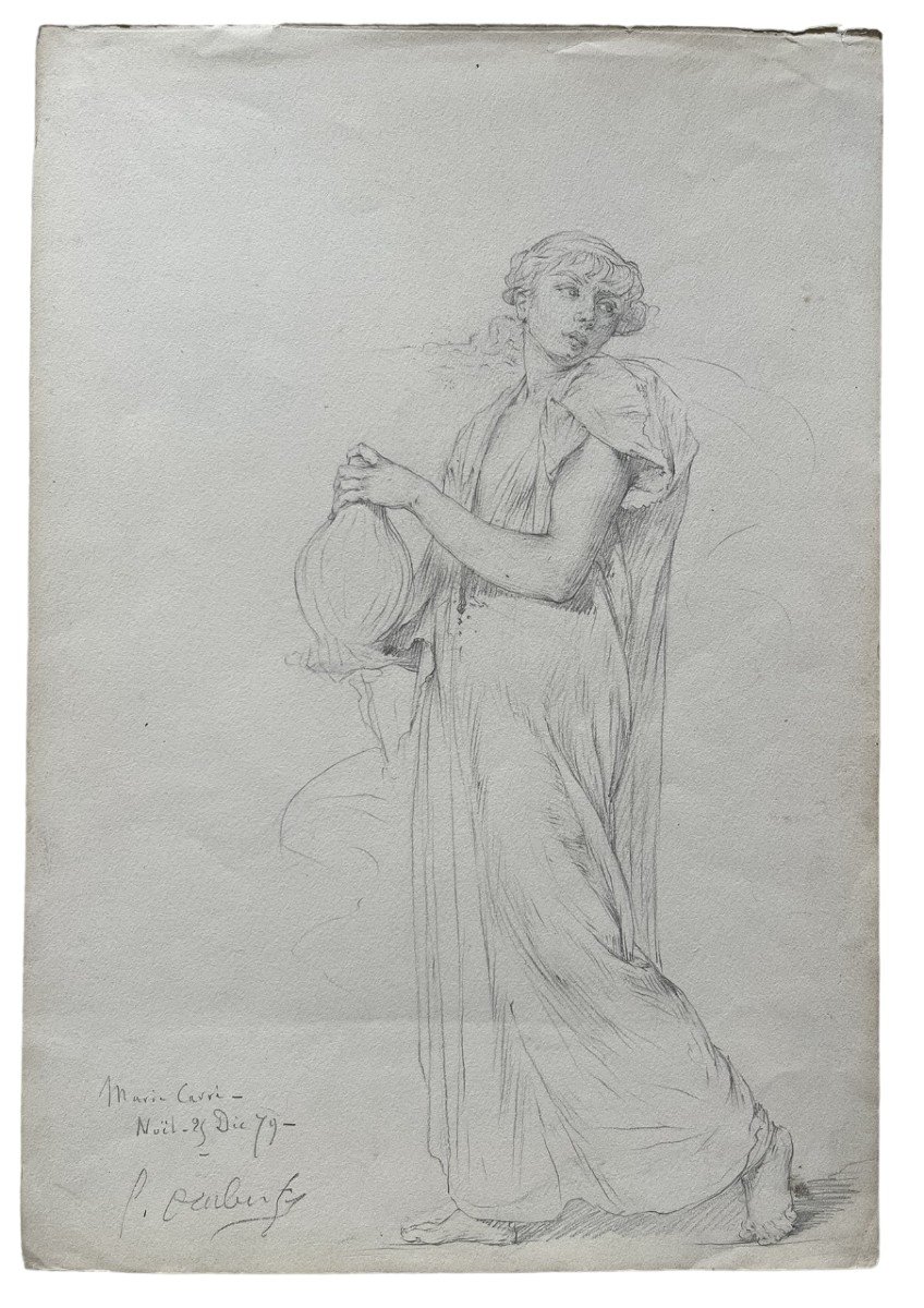 Guillaume Dubufe - Pencil Drawing - Woman With A Jug - Signed And Dated 1879