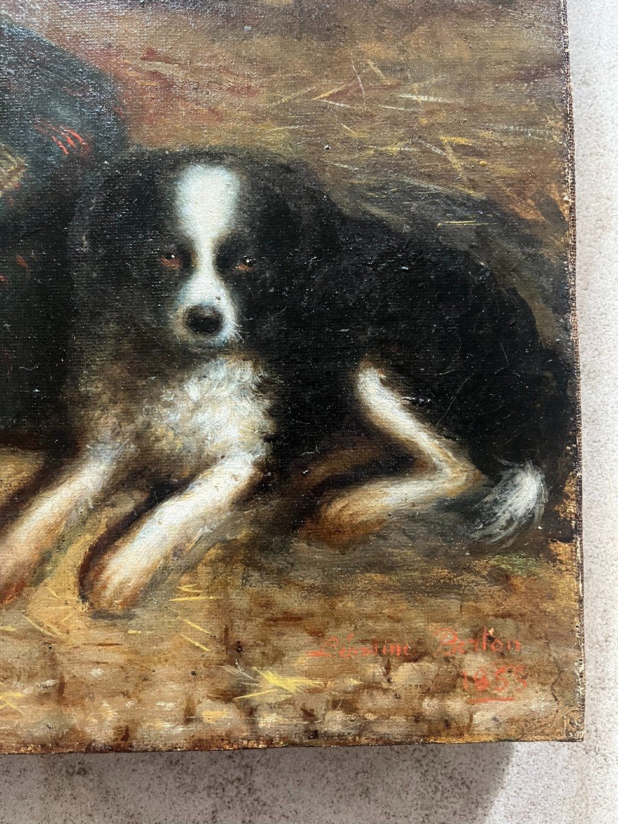 Huile Sur Toile XIXème - Enfantina - Petite Fille Et Son Chien - Léontine Berton - 1855-photo-2