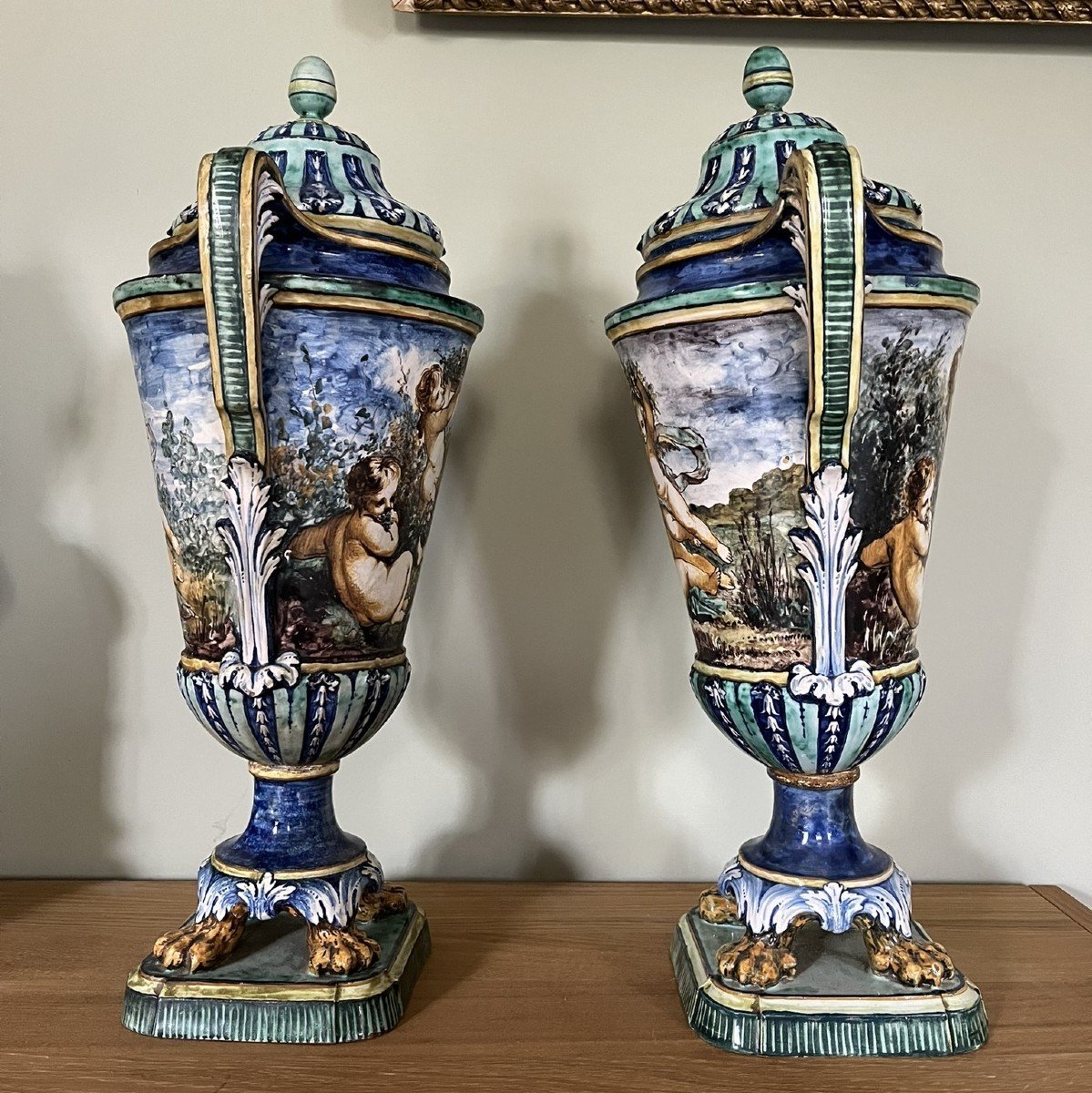 Pair Of Large 19th Century Italian Majolica Covered Pot Vases -photo-2