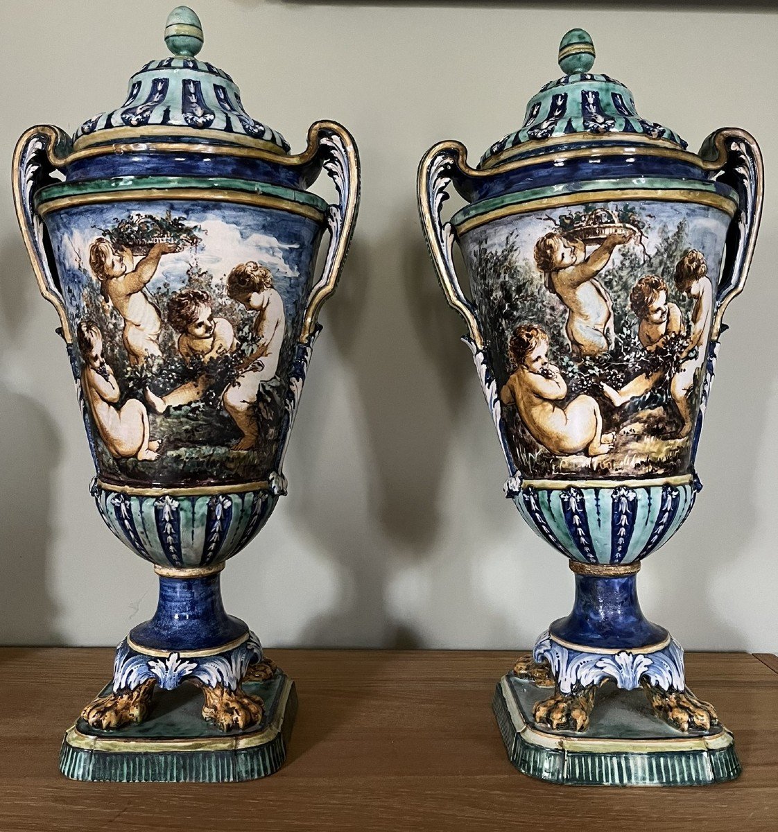 Pair Of Large 19th Century Italian Majolica Covered Pot Vases -photo-3