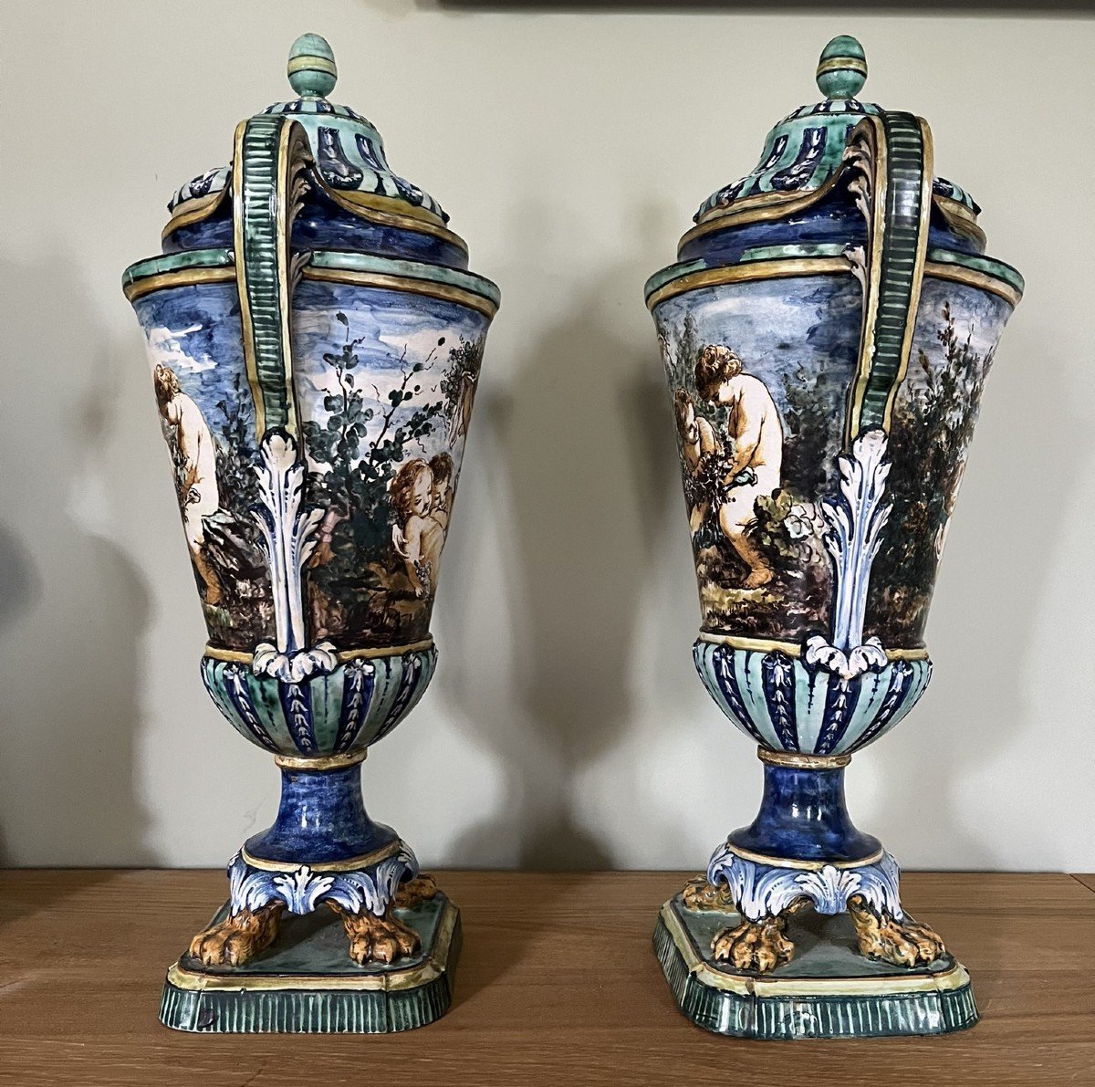 Pair Of Large 19th Century Italian Majolica Covered Pot Vases -photo-4