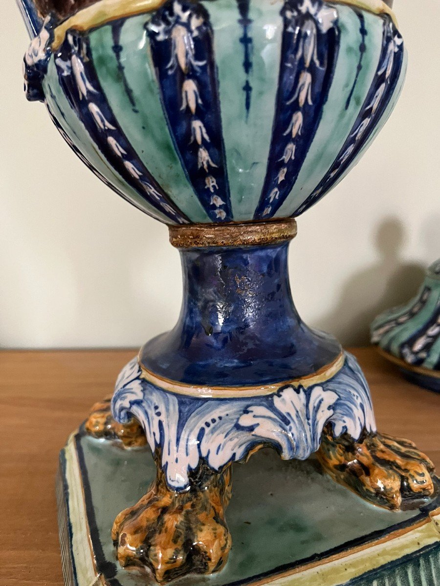 Pair Of Large 19th Century Italian Majolica Covered Pot Vases -photo-2