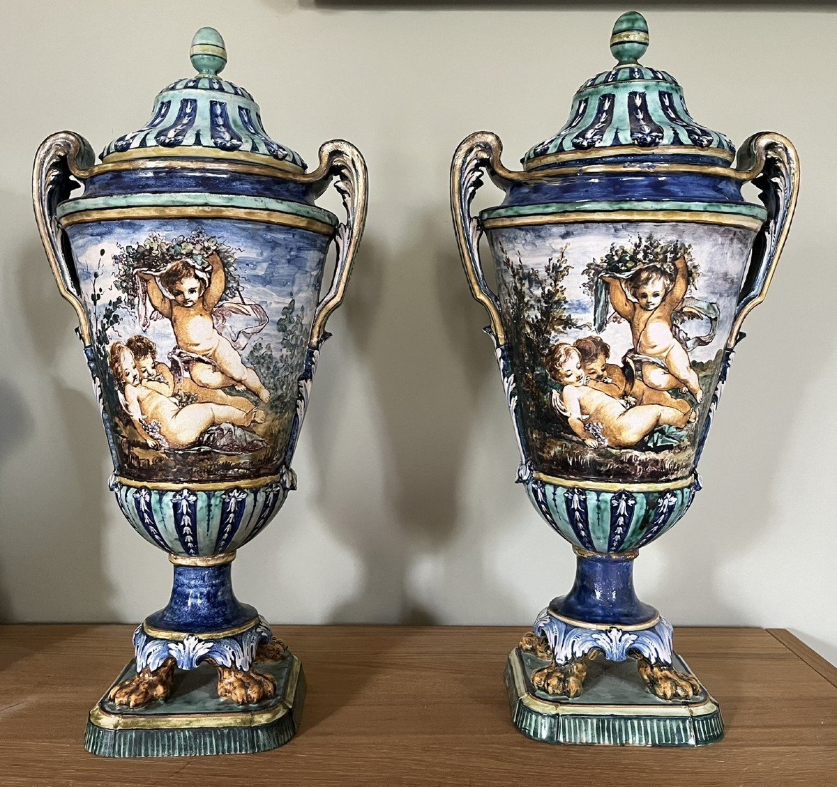 Pair Of Large 19th Century Italian Majolica Covered Pot Vases 