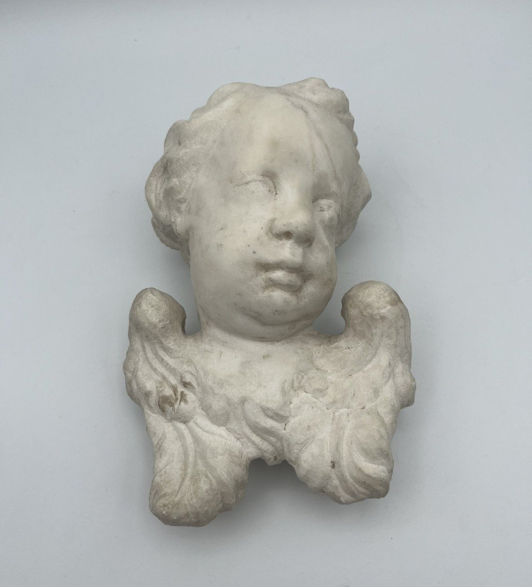 Cherub Head In White Marble 17th Century - Italy-photo-4