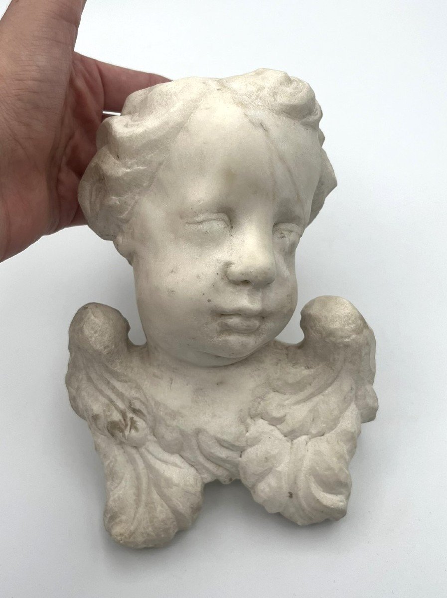 Cherub Head In White Marble 17th Century - Italy-photo-2