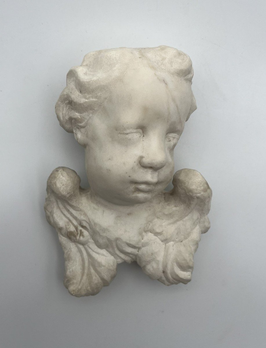 Cherub Head In White Marble 17th Century - Italy