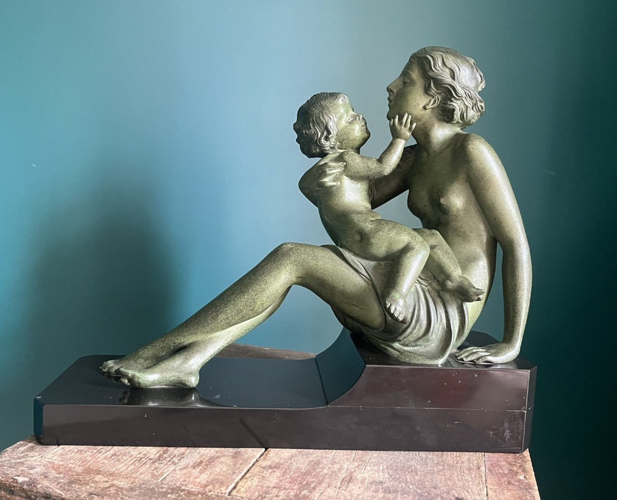 Art Deco Bronze - Claude Mirval - Maternal Caress - Mother And Her Child